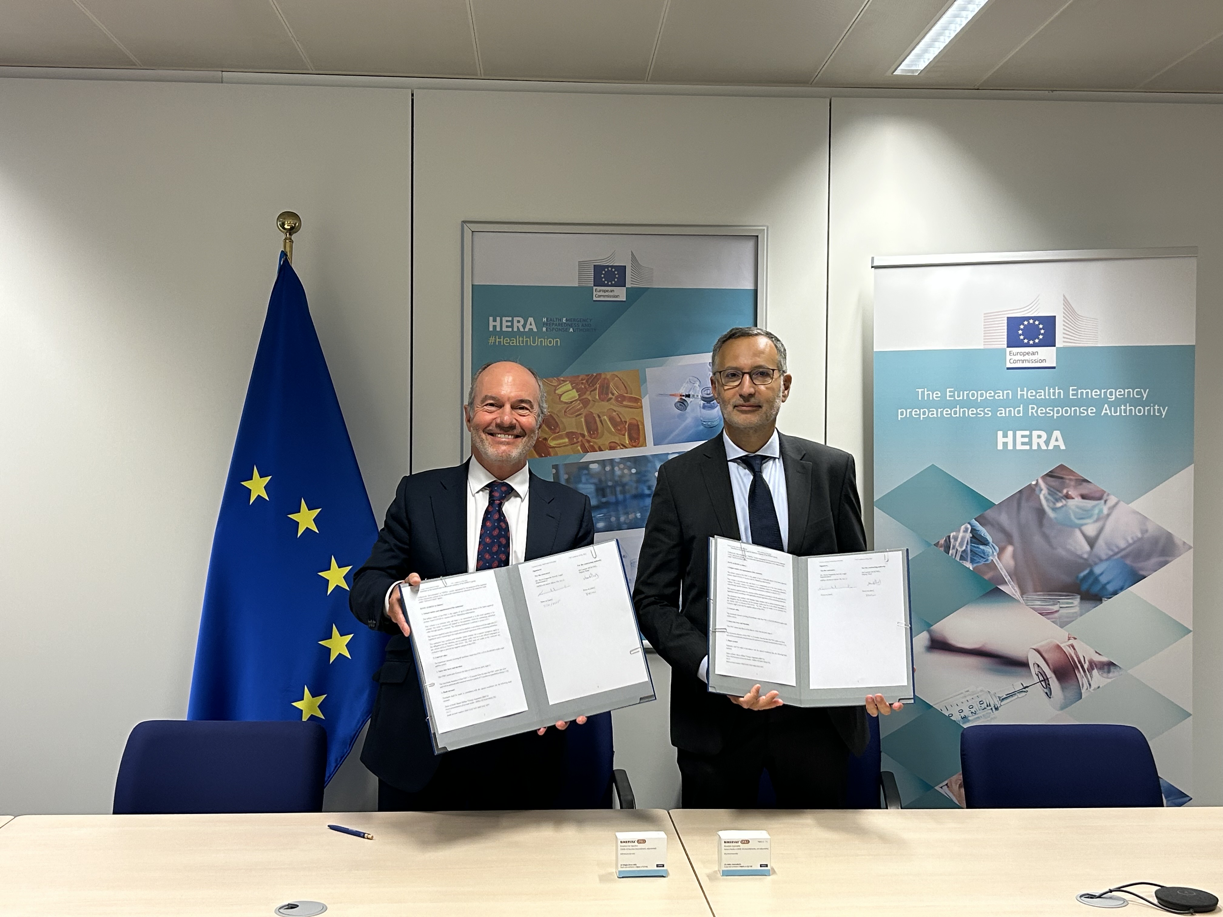 David Nogareda, president and CEO of HIPRA and Laurent Muschel, director of Health Emergency Preparedness and Response Authority (HERA)